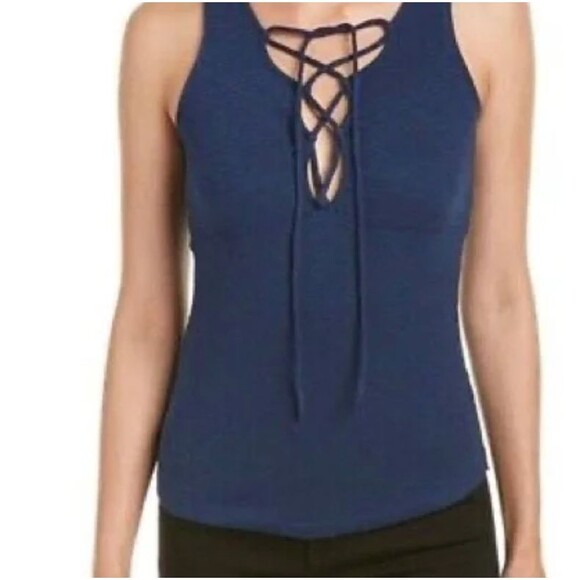 Free People ‘Emmy Lou’ Blue Ribbed Lace Up Tank Top Large - Picture 3 of 14
